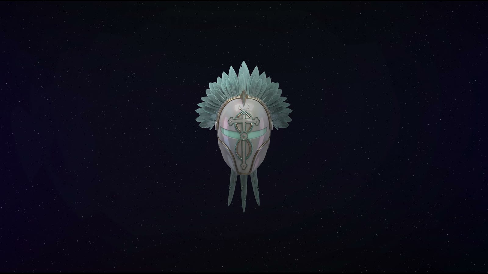 A bone white mask with a jade feathered headdress floating in the void